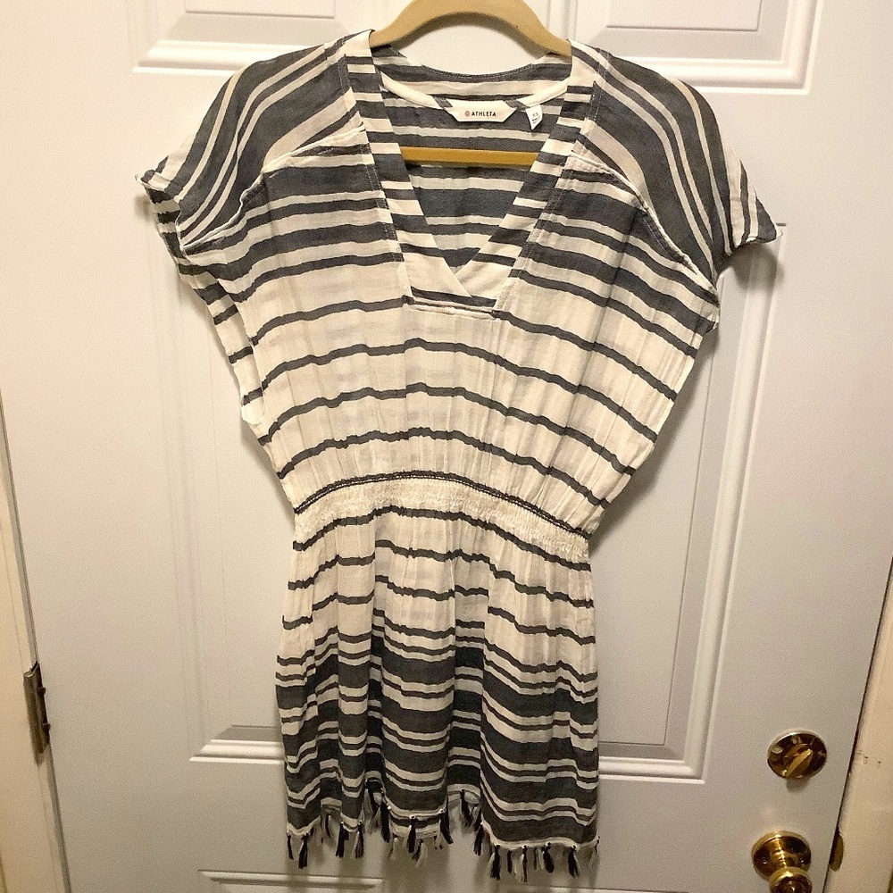 ATHLETA| Swim Cover-up X-Small Black White Stripes Tassles 100% Cotton